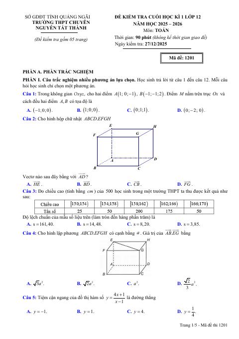 Đề thi Học kì 1 Toán 12 năm 2025-2026 trường THPT chuyên Nguyễn Tất Thành (Quảng Ngãi)